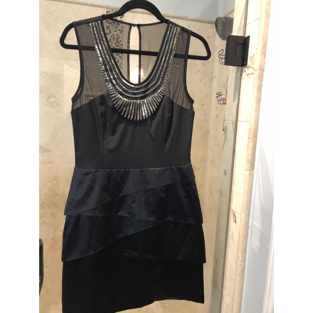 Nicole Miller Black Silk Beaded Sheer Tiered Cocktail Dress Sz 6 NWT